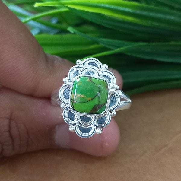 New Design Natural Green Copper Turquoise Cushion Stone Ring, 925 Sterling Silver Cushion Turquoise Ring, Turquoise Cushion Ring