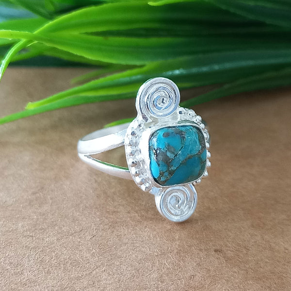 New Design Natural Blue Copper Turquoise Cushion Stone Ring, 925 Sterling Silver Cushion Turquoise Ring, Turquoise Cushion Ring