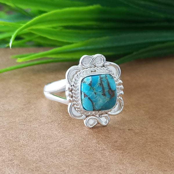 New Design Natural Blue Copper Turquoise Cushion Stone Ring, 925 Sterling Silver Cushion Turquoise Ring, Turquoise Cushion Ring