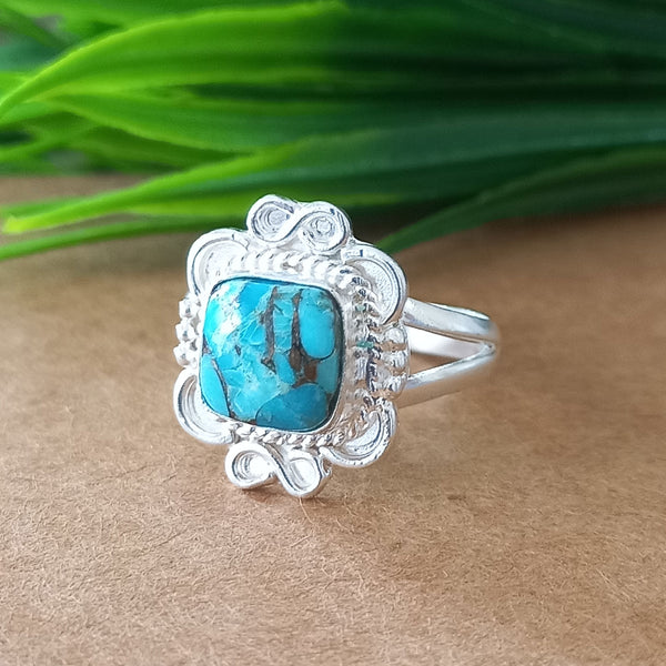 New Design Natural Blue Copper Turquoise Cushion Stone Ring, 925 Sterling Silver Cushion Turquoise Ring, Turquoise Cushion Ring