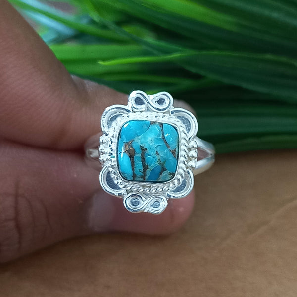 New Design Natural Blue Copper Turquoise Cushion Stone Ring, 925 Sterling Silver Cushion Turquoise Ring, Turquoise Cushion Ring