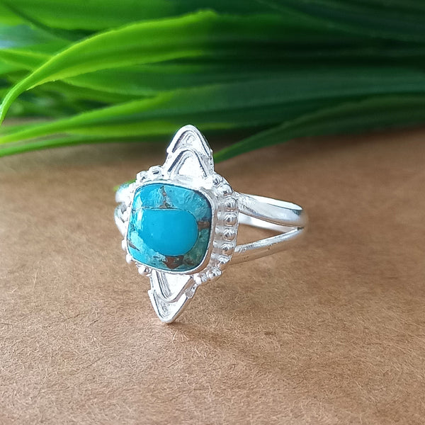 New Design Natural Blue Copper Turquoise Cushion Stone Ring, 925 Sterling Silver Cushion Turquoise Ring, Turquoise Cushion Ring