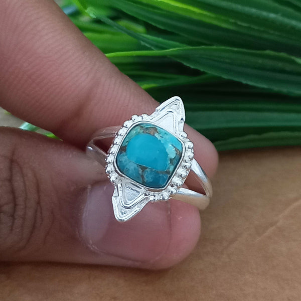 New Design Natural Blue Copper Turquoise Cushion Stone Ring, 925 Sterling Silver Cushion Turquoise Ring, Turquoise Cushion Ring