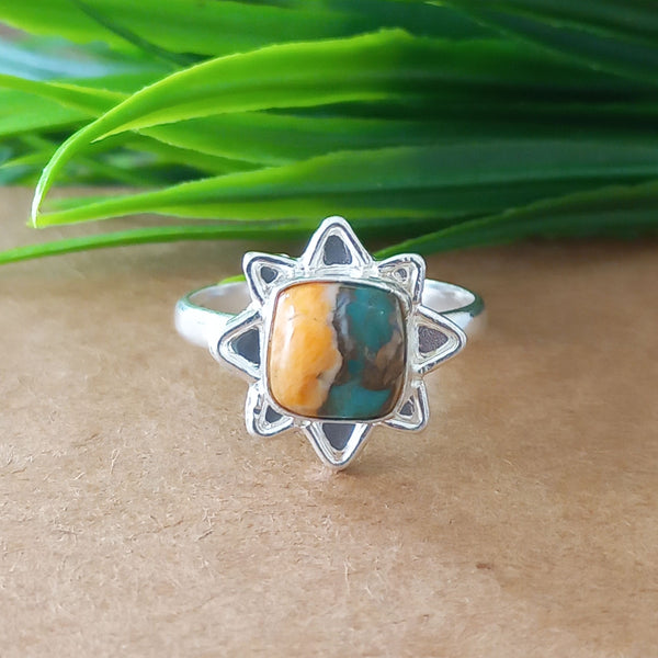 New Design Natural Oyster Copper Turquoise Cushion Stone Ring, 925 Sterling Silver Cushion Turquoise Ring, Turquoise Cushion Ring