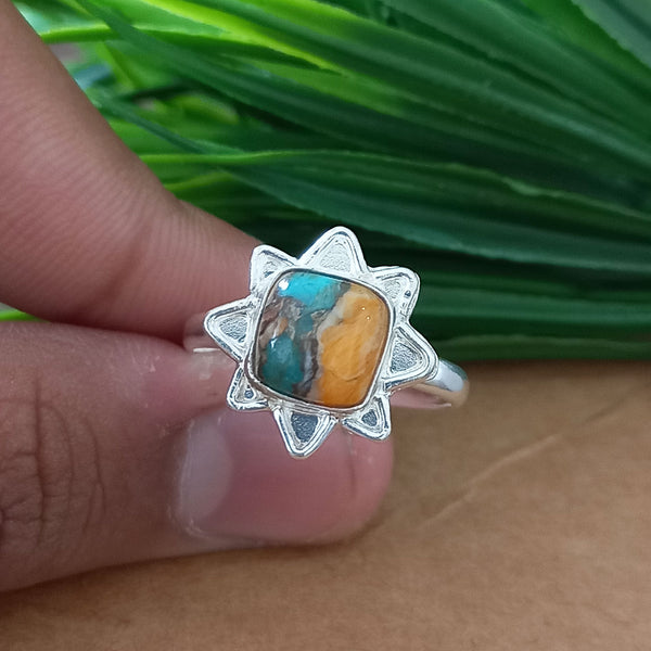 New Design Natural Oyster Copper Turquoise Cushion Stone Ring, 925 Sterling Silver Cushion Turquoise Ring, Turquoise Cushion Ring