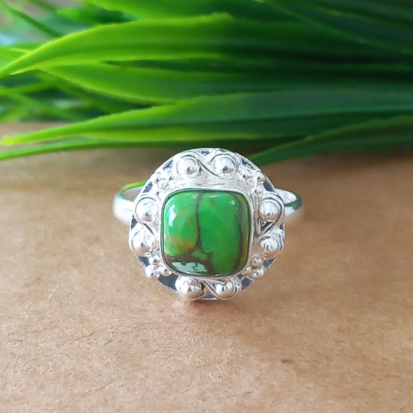 New Design Natural Green Copper Turquoise Cushion Stone Ring, 925 Sterling Silver Cushion Turquoise Ring, Turquoise Cushion Ring