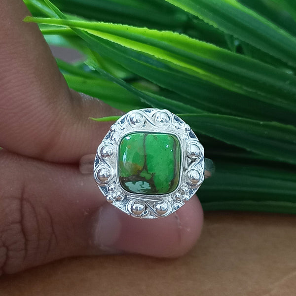 New Design Natural Green Copper Turquoise Cushion Stone Ring, 925 Sterling Silver Cushion Turquoise Ring, Turquoise Cushion Ring