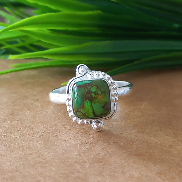 New Design Natural Green Copper Turquoise Cushion Stone Ring, 925 Sterling Silver Cushion Turquoise Ring, Turquoise Cushion Ring