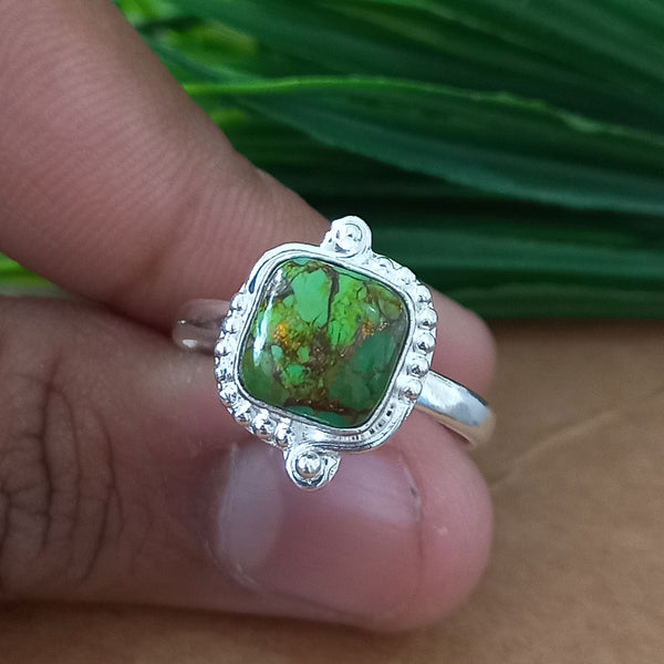 New Design Natural Green Copper Turquoise Cushion Stone Ring, 925 Sterling Silver Cushion Turquoise Ring, Turquoise Cushion Ring