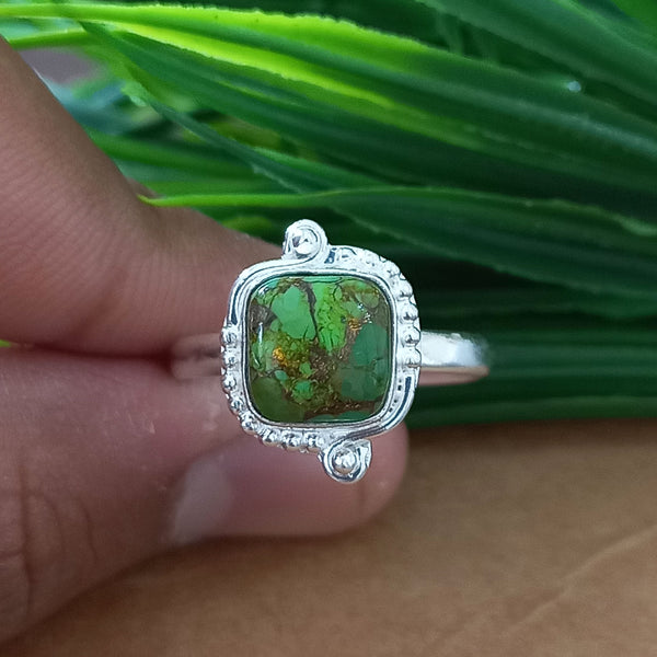 New Design Natural Green Copper Turquoise Cushion Stone Ring, 925 Sterling Silver Cushion Turquoise Ring, Turquoise Cushion Ring