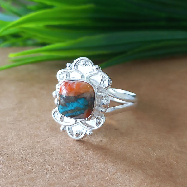 New Design Natural Oyster Copper Turquoise Cushion Stone Ring, 925 Sterling Silver Cushion Turquoise Ring, Turquoise Cushion Ring