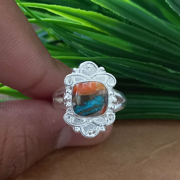 New Design Natural Oyster Copper Turquoise Cushion Stone Ring, 925 Sterling Silver Cushion Turquoise Ring, Turquoise Cushion Ring