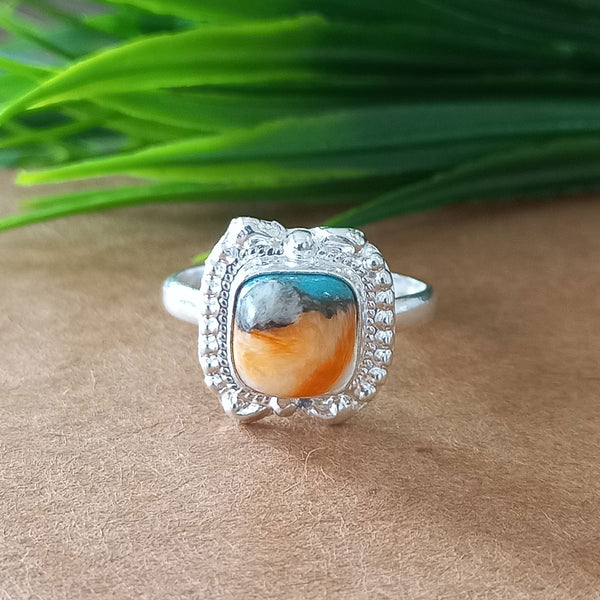 New Design Natural Oyster Copper Turquoise Cushion Stone Ring, 925 Sterling Silver Cushion Turquoise Ring, Turquoise Cushion Ring