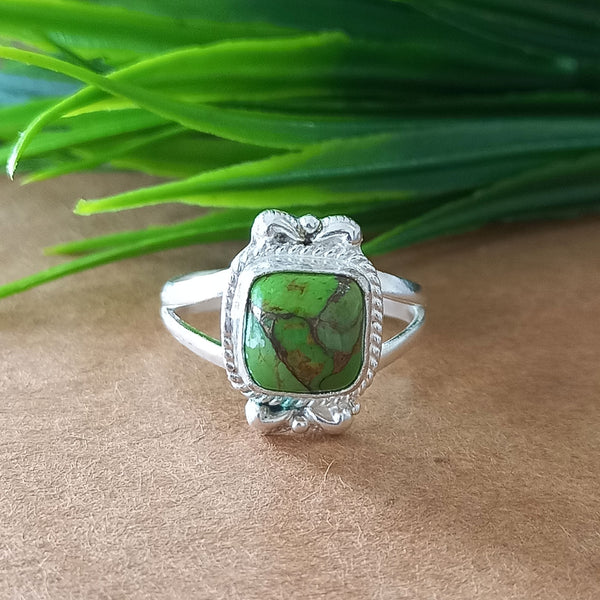 New Design Natural Green Copper Turquoise Cushion Stone Ring, 925 Sterling Silver Cushion Turquoise Ring, Turquoise Cushion Ring