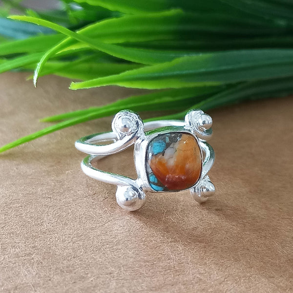 New Design Natural Oyster Copper Turquoise Cushion Stone Ring, 925 Sterling Silver Cushion Turquoise Ring, Turquoise Cushion Ring