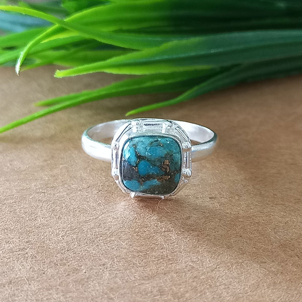 New Design Natural Blue Copper Turquoise Cushion Stone Ring, 925 Sterling Silver Cushion Turquoise Ring, Turquoise Cushion Ring