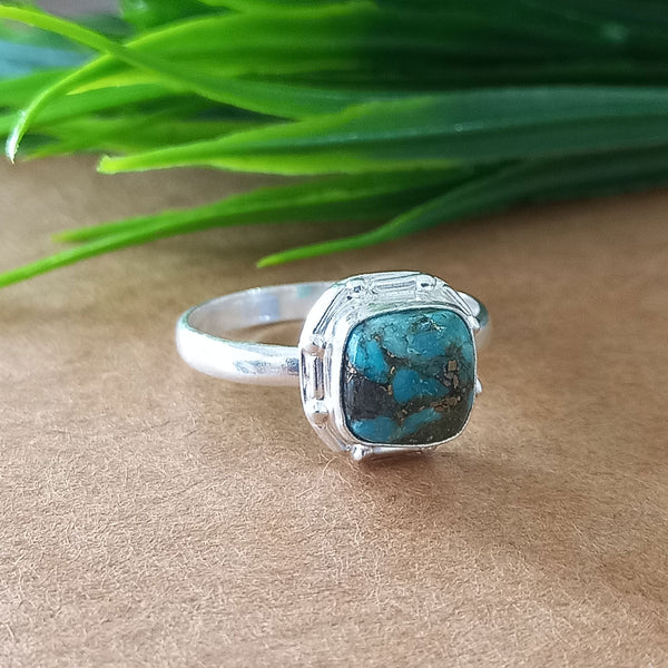 New Design Natural Blue Copper Turquoise Cushion Stone Ring, 925 Sterling Silver Cushion Turquoise Ring, Turquoise Cushion Ring