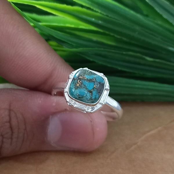 New Design Natural Blue Copper Turquoise Cushion Stone Ring, 925 Sterling Silver Cushion Turquoise Ring, Turquoise Cushion Ring