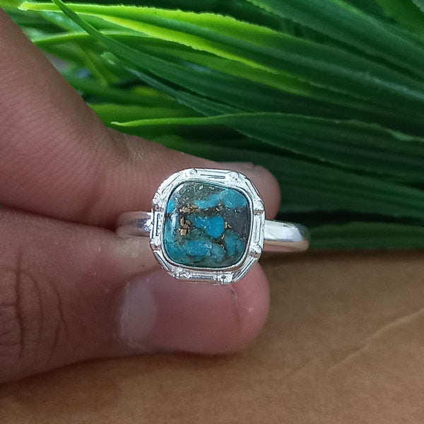 New Design Natural Blue Copper Turquoise Cushion Stone Ring, 925 Sterling Silver Cushion Turquoise Ring, Turquoise Cushion Ring
