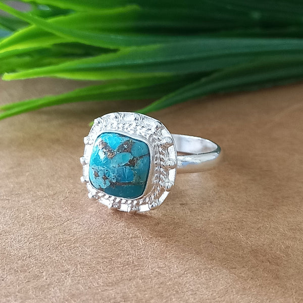 New Design Natural Blue Copper Turquoise Cushion Stone Ring, 925 Sterling Silver Cushion Turquoise Ring, Turquoise Cushion Ring