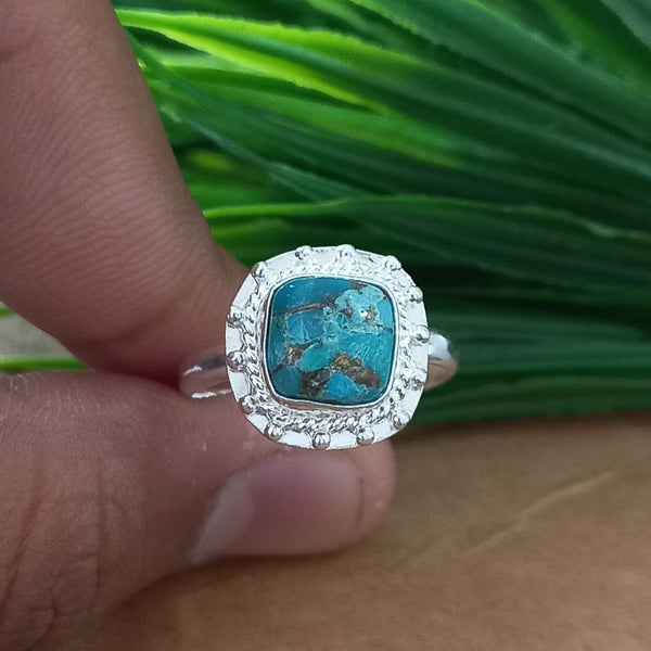 New Design Natural Blue Copper Turquoise Cushion Stone Ring, 925 Sterling Silver Cushion Turquoise Ring, Turquoise Cushion Ring