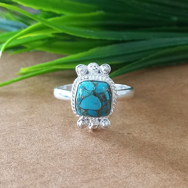 New Design Natural Blue Copper Turquoise Cushion Stone Ring, 925 Sterling Silver Cushion Turquoise Ring, Turquoise Cushion Ring