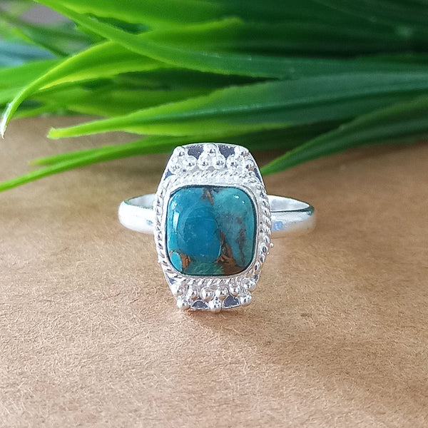New Design Natural Blue Copper Turquoise Cushion Stone Ring, 925 Sterling Silver Cushion Turquoise Ring, Turquoise Cushion Ring