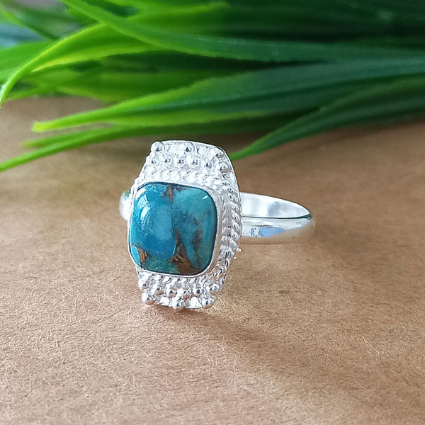 New Design Natural Blue Copper Turquoise Cushion Stone Ring, 925 Sterling Silver Cushion Turquoise Ring, Turquoise Cushion Ring
