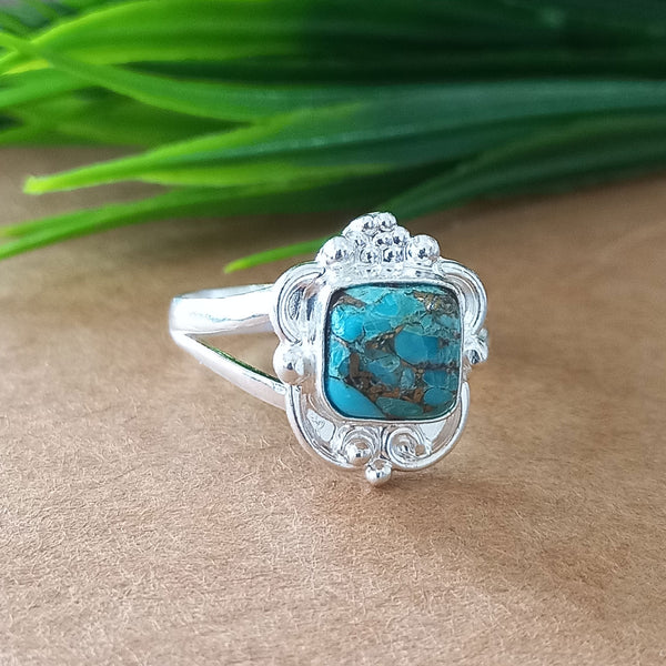 New Design Natural Blue Copper Turquoise Cushion Stone Ring, 925 Sterling Silver Cushion Turquoise Ring, Turquoise Cushion Ring