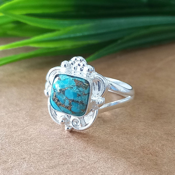 New Design Natural Blue Copper Turquoise Cushion Stone Ring, 925 Sterling Silver Cushion Turquoise Ring, Turquoise Cushion Ring