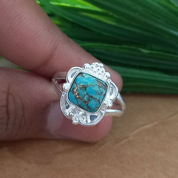 New Design Natural Blue Copper Turquoise Cushion Stone Ring, 925 Sterling Silver Cushion Turquoise Ring, Turquoise Cushion Ring