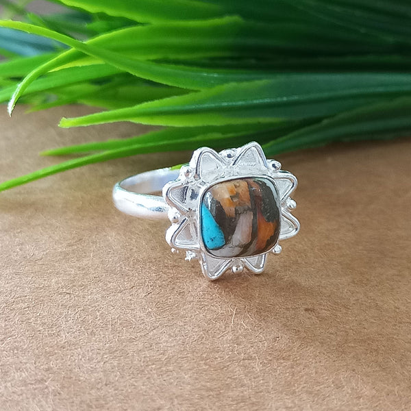 925 Sterling Silver Cushion Turquoise Ring, New Design Natural Oyster Copper Turquoise Cushion Stone Ring, Turquoise Cushion Ring