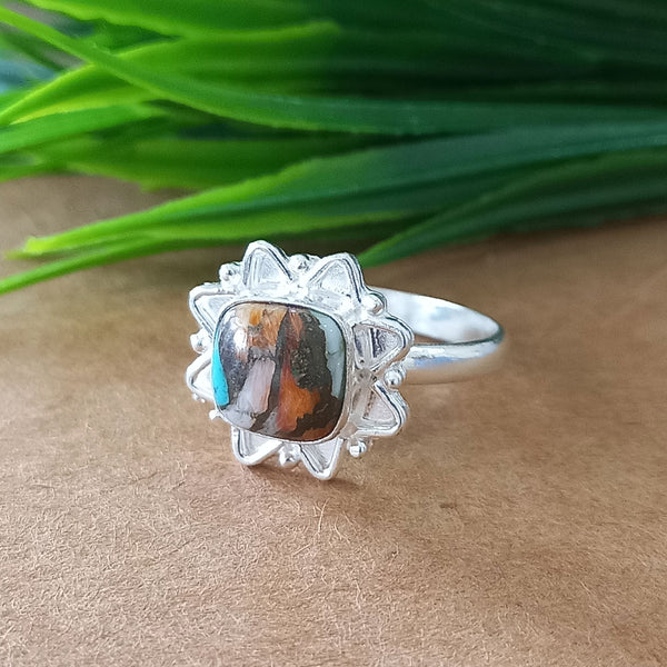 925 Sterling Silver Cushion Turquoise Ring, New Design Natural Oyster Copper Turquoise Cushion Stone Ring, Turquoise Cushion Ring