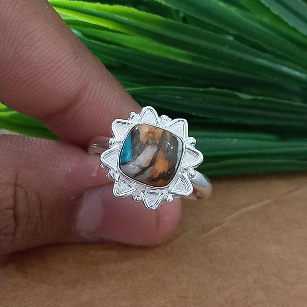 925 Sterling Silver Cushion Turquoise Ring, New Design Natural Oyster Copper Turquoise Cushion Stone Ring, Turquoise Cushion Ring