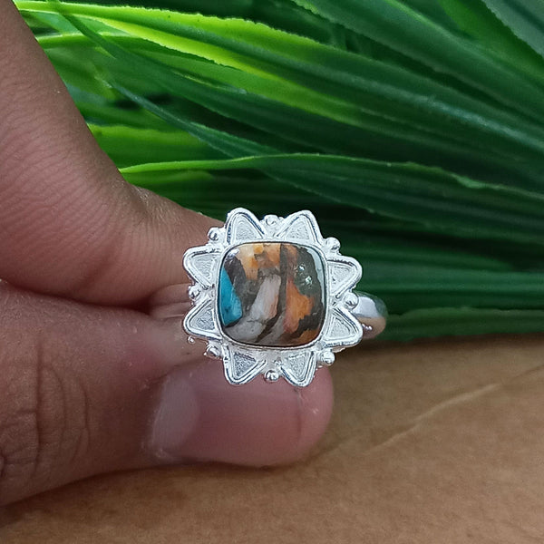925 Sterling Silver Cushion Turquoise Ring, New Design Natural Oyster Copper Turquoise Cushion Stone Ring, Turquoise Cushion Ring