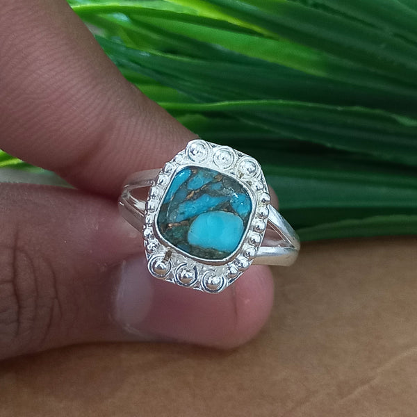 New Design Natural Blue Copper Turquoise Cushion Stone Ring, 925 Sterling Silver Cushion Turquoise Ring, Turquoise Cushion Ring