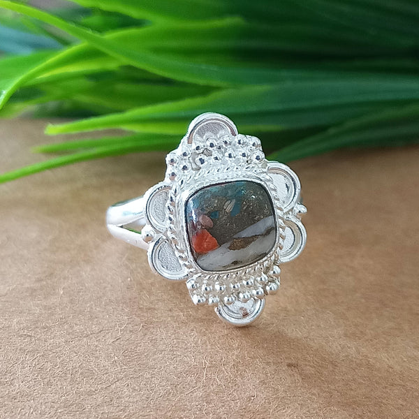 925 Sterling Silver Cushion Turquoise Ring, New Design Natural Oyster Copper Turquoise Cushion Stone Ring, Turquoise Cushion Ring