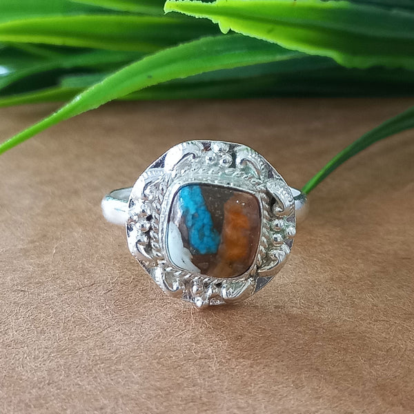 925 Sterling Silver Cushion Turquoise Ring, New Design Natural Oyster Copper Turquoise Cushion Stone Ring, Turquoise Cushion Ring