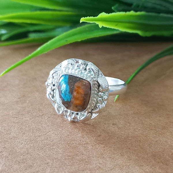 925 Sterling Silver Cushion Turquoise Ring, New Design Natural Oyster Copper Turquoise Cushion Stone Ring, Turquoise Cushion Ring