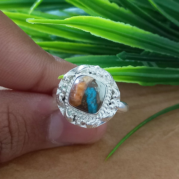 925 Sterling Silver Cushion Turquoise Ring, New Design Natural Oyster Copper Turquoise Cushion Stone Ring, Turquoise Cushion Ring