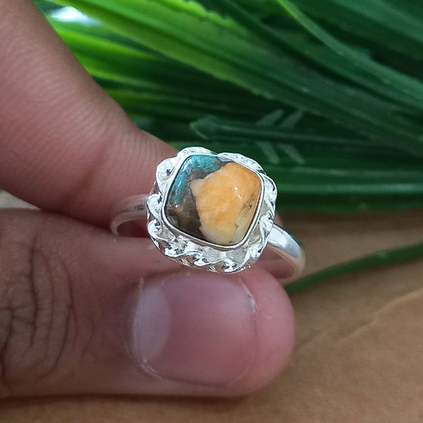 925 Sterling Silver Cushion Turquoise Ring, New Design Natural Oyster Copper Turquoise Cushion Stone Ring, Turquoise Cushion Ring