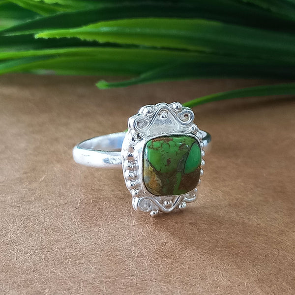 925 Sterling Silver Cushion Turquoise Ring, New Design Natural Green Copper Turquoise Cushion Stone Ring, Turquoise Cushion Ring