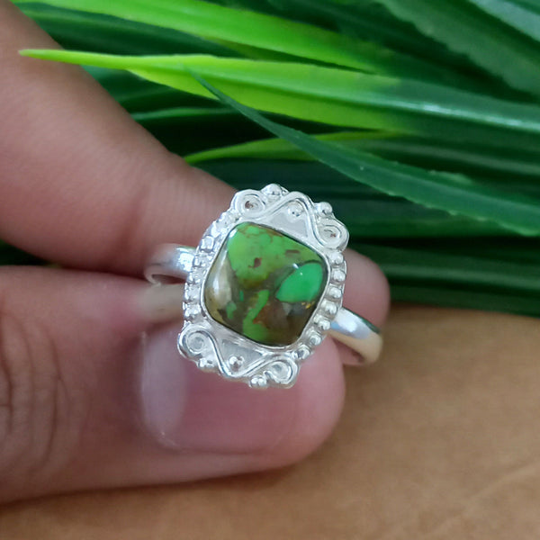 925 Sterling Silver Cushion Turquoise Ring, New Design Natural Green Copper Turquoise Cushion Stone Ring, Turquoise Cushion Ring