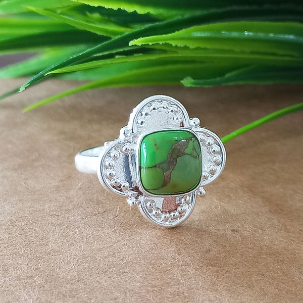 New Design Natural Green Copper Turquoise Cushion Stone Ring, 925 Sterling Silver Cushion Turquoise Ring, Turquoise Cushion Ring