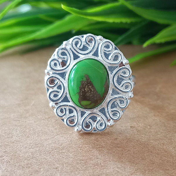 925 Sterling Silver Oval Turquoise Ring, New Design Natural Green Copper Turquoise Oval Stone Ring, Turquoise Oval Ring, Statement Ring