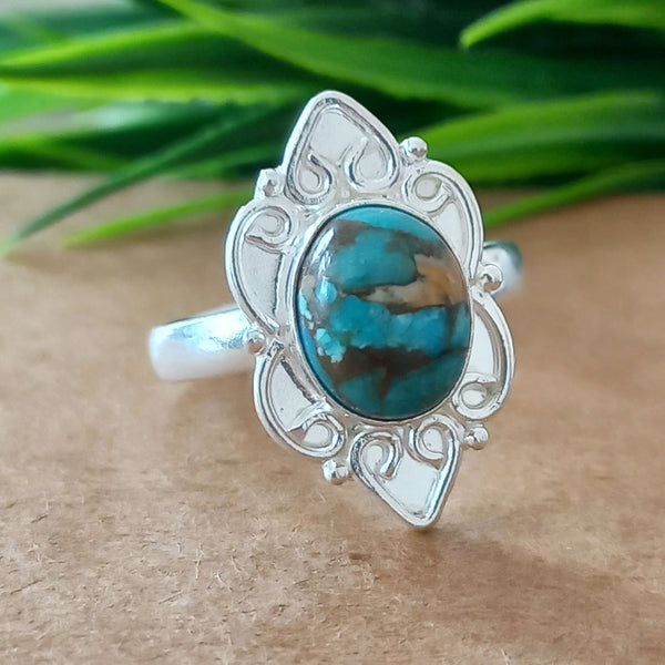 925 Sterling Silver Oval Turquoise Ring, New Design Natural Oyster Copper Turquoise Oval Stone Ring, Turquoise Oval Ring, Statement Ring