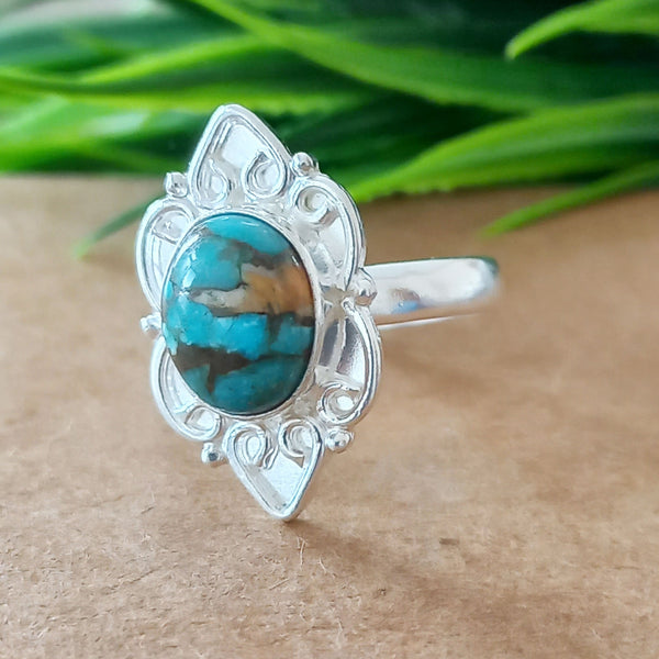 925 Sterling Silver Oval Turquoise Ring, New Design Natural Oyster Copper Turquoise Oval Stone Ring, Turquoise Oval Ring, Statement Ring