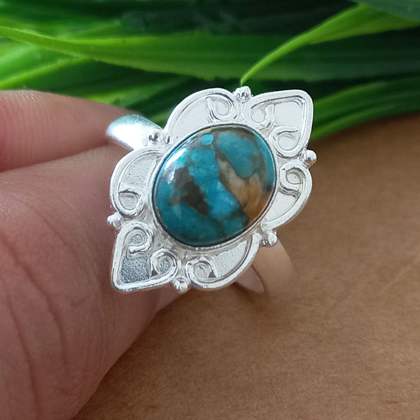 925 Sterling Silver Oval Turquoise Ring, New Design Natural Oyster Copper Turquoise Oval Stone Ring, Turquoise Oval Ring, Statement Ring