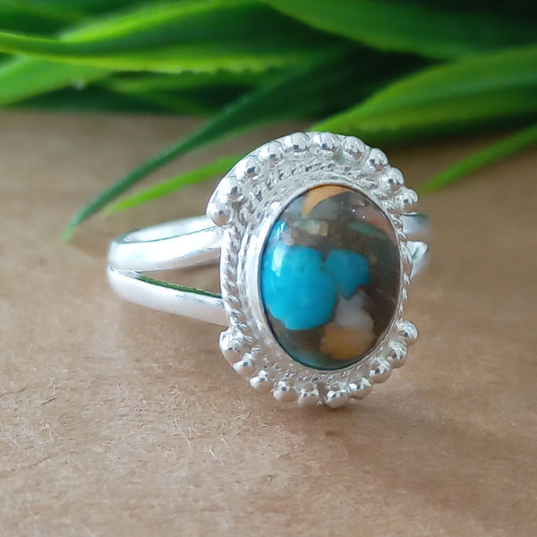 925 Sterling Silver Oval Turquoise Ring, New Design Natural Oyster Copper Turquoise Oval Stone Ring, Turquoise Oval Ring, Statement Ring