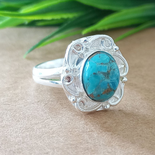 925 Sterling Silver Oval Turquoise Ring, New Design Natural Blue Copper Turquoise Oval Stone Ring, Turquoise Oval Ring, Statement Ring